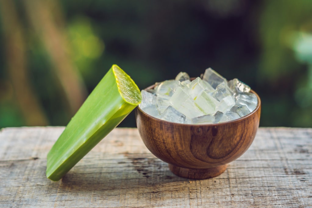 Gel d'aloe vera et cubes d'aloe vera dans un bol en bois.