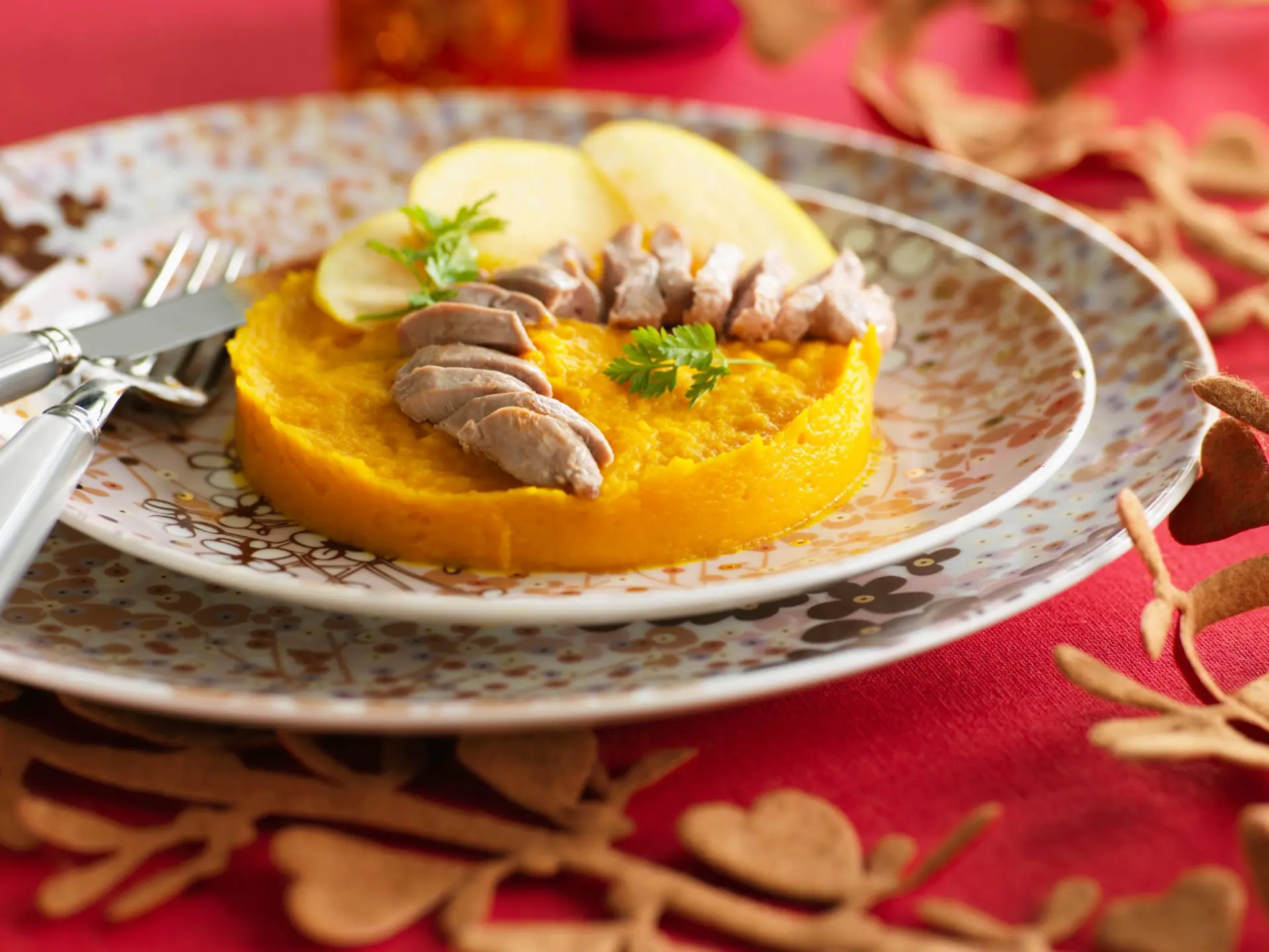 Purée de potimarron et pomme, aiguillettes de canard poêlées