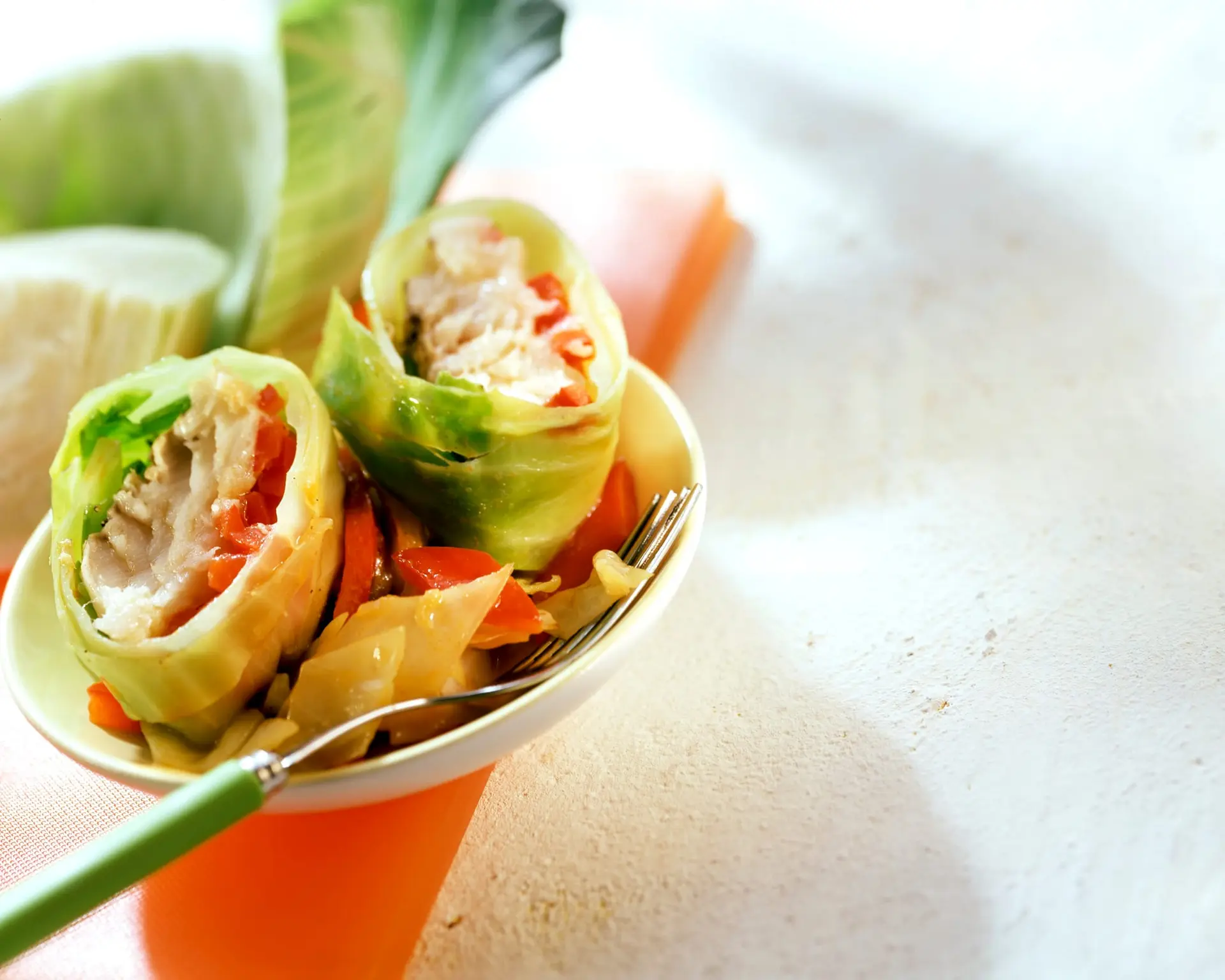 Chou blanc et lieu noir farcis aux poivrons dans un bol