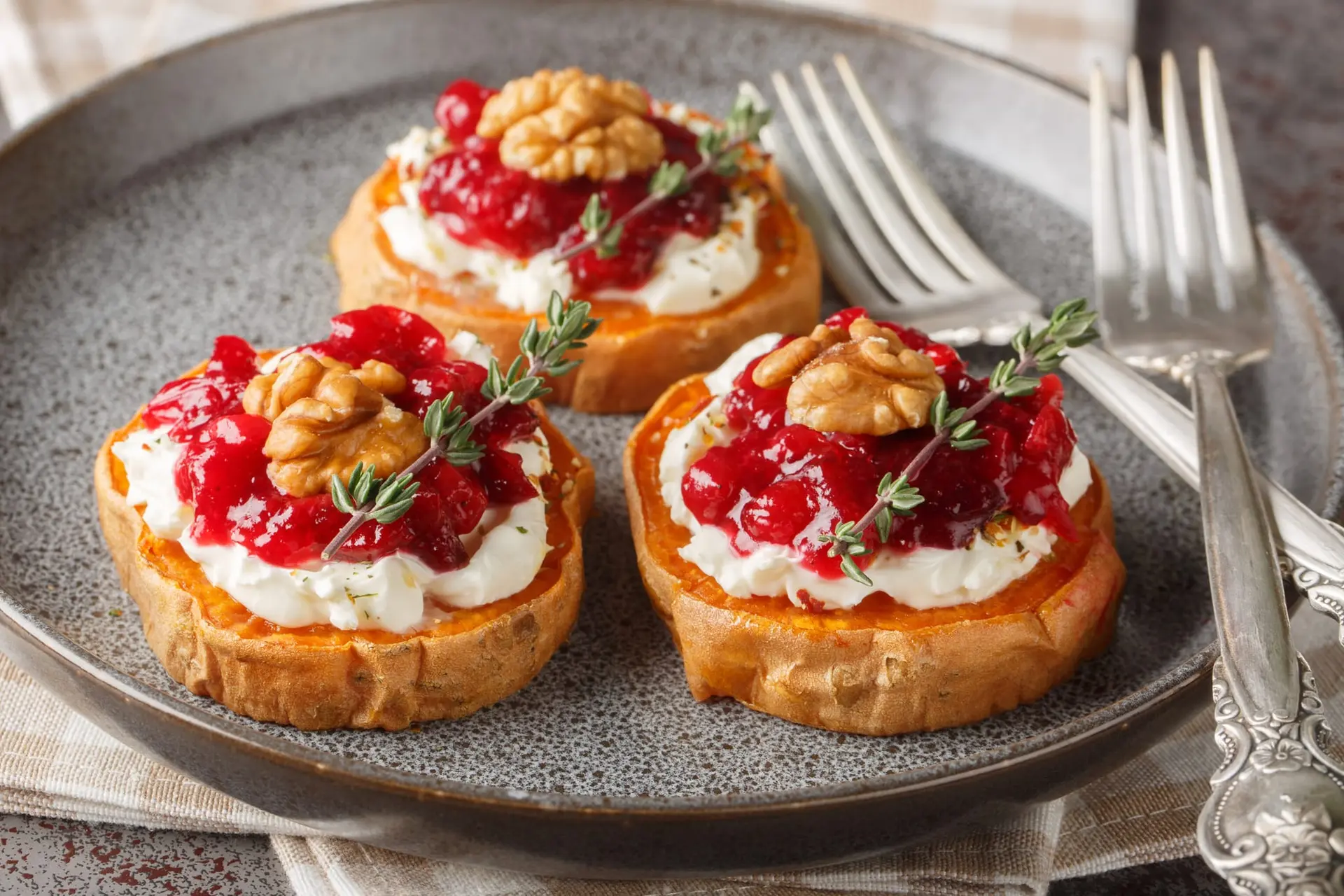 Entrée festive de patate douce avec fromage frais, sauce canneberge, thym et noix