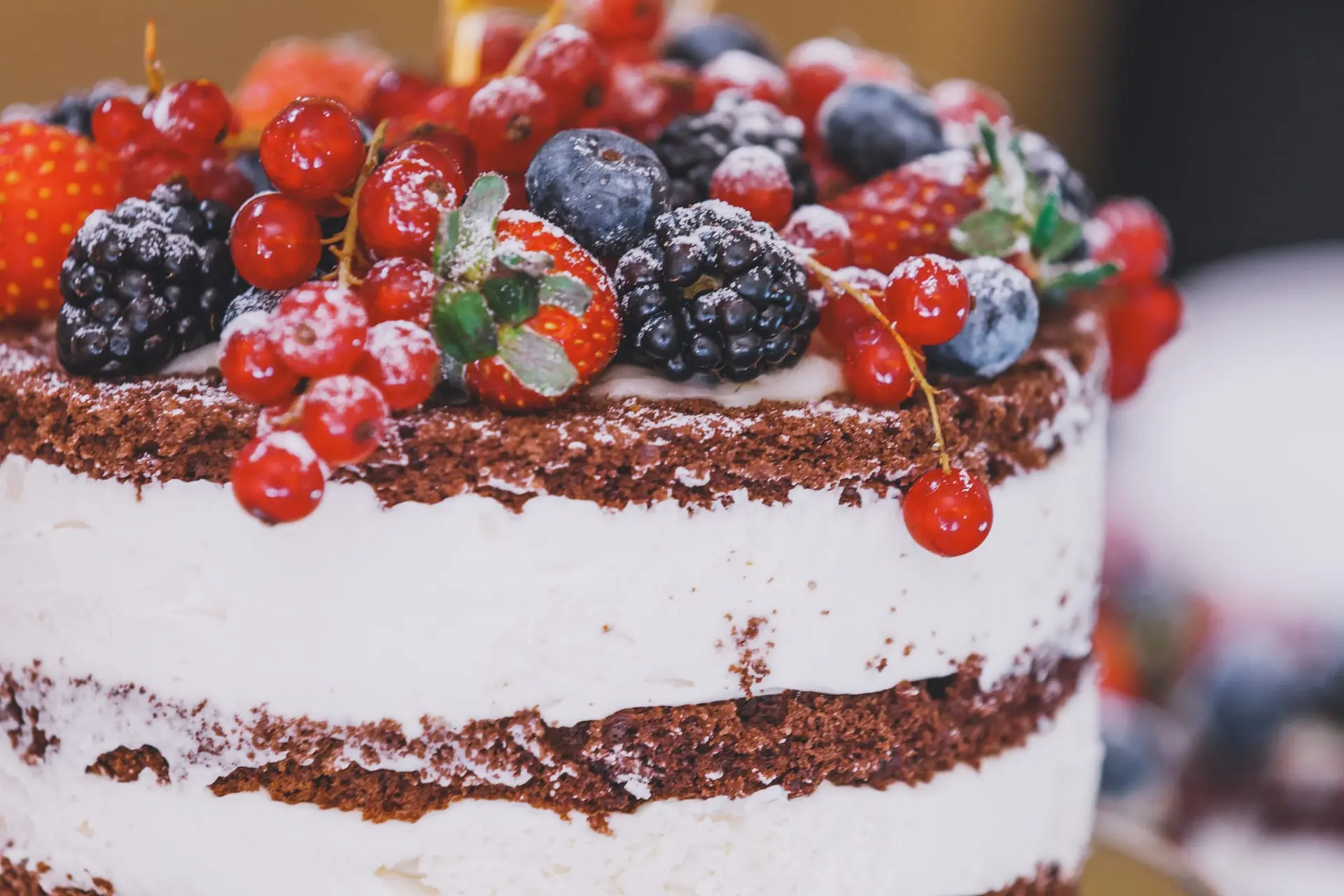 Gâteau nu au chocolat avec crème fouettée décoré de baies