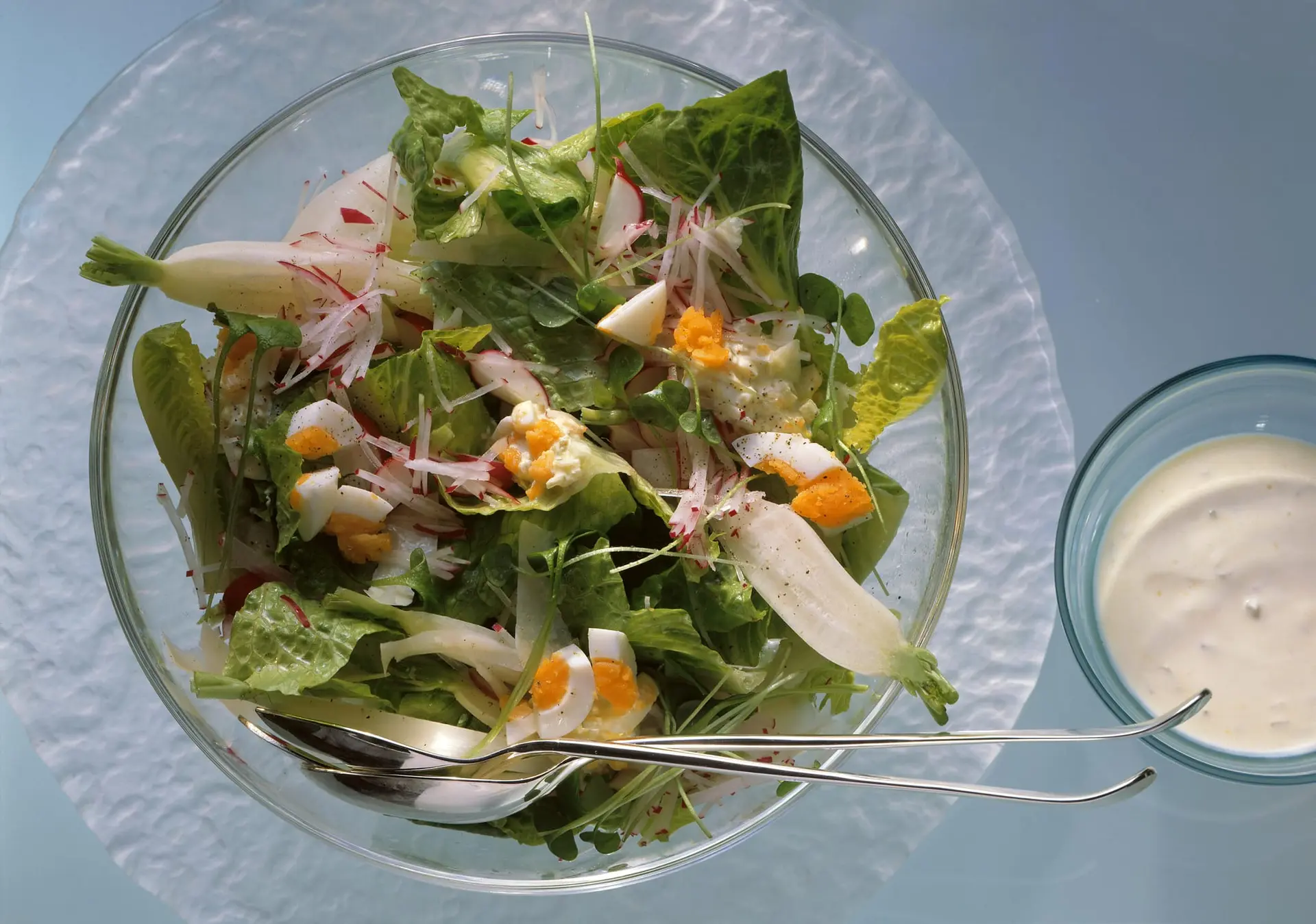 Salade romaine avec pourpier, radis glaçons, radis et œufs