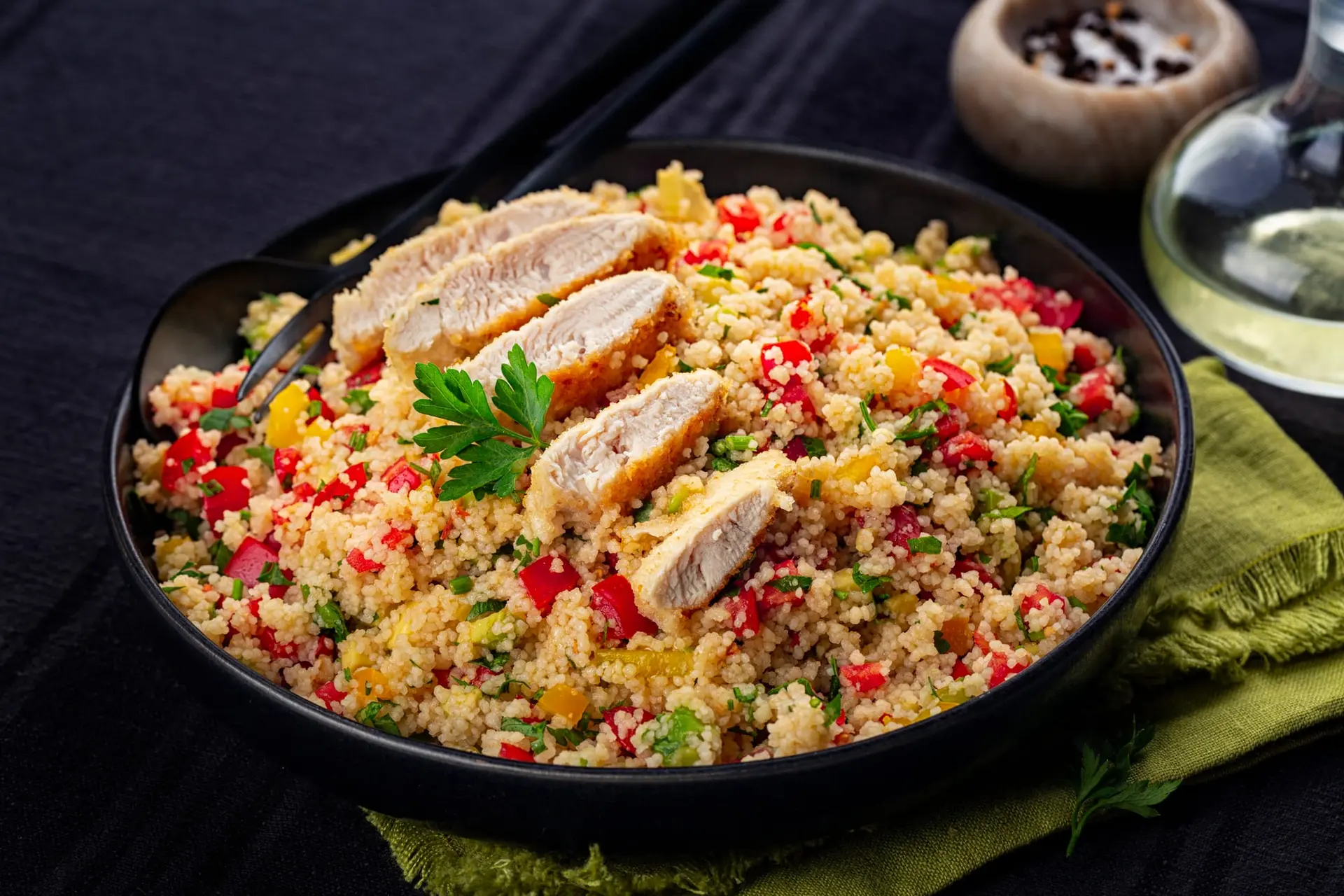 Taboulé avec poitrine de poulet, tomates, avocat, poivron, persil et jus de citron