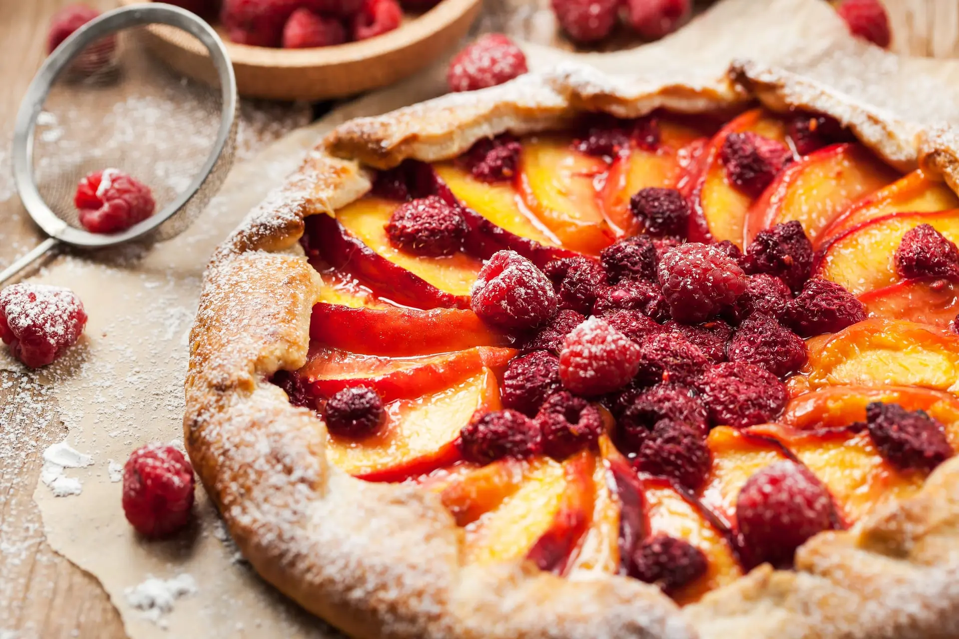 Tarte à la pêche et à la framboise
