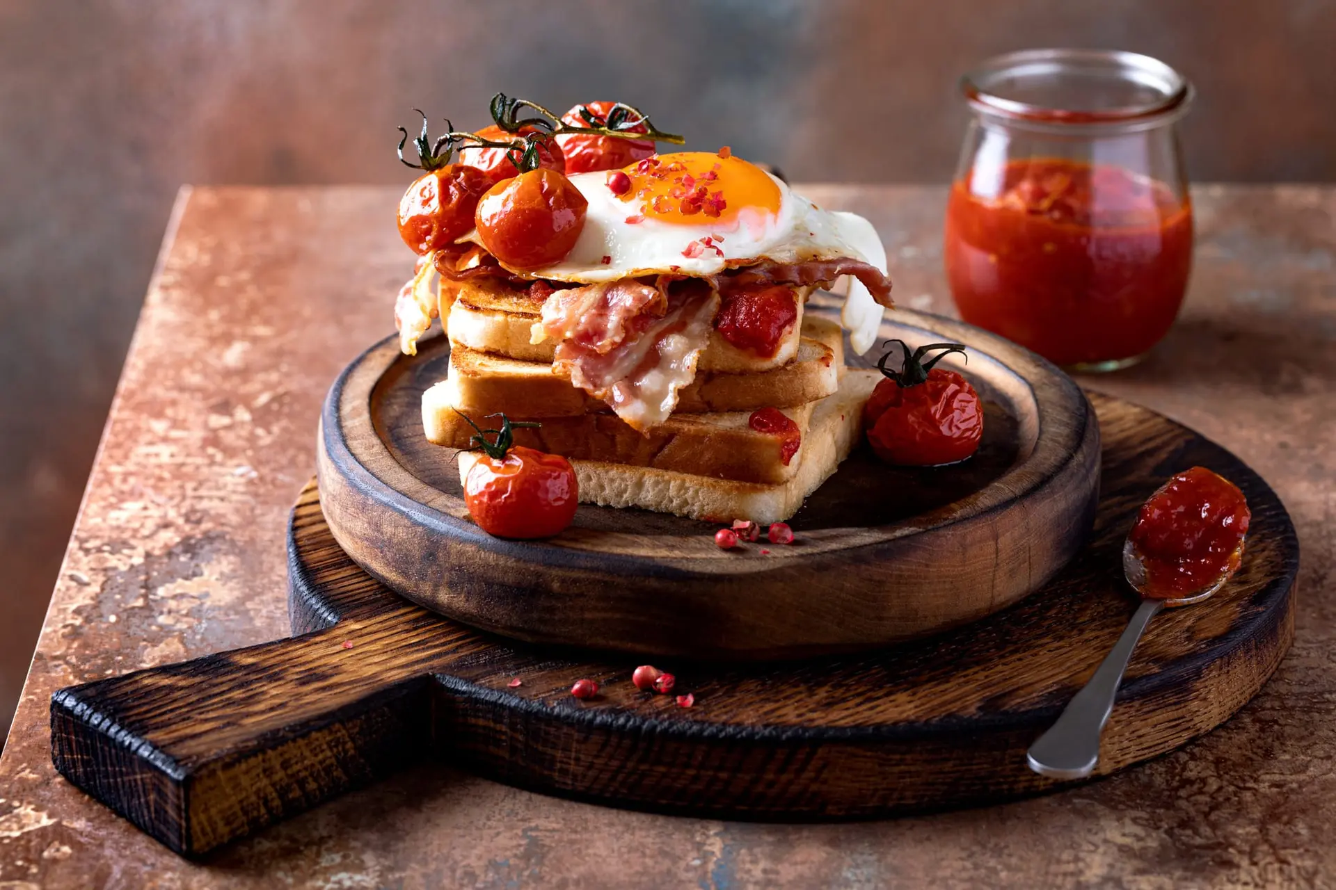Toast avec œuf frit, bacon et tomates cerises rôties
