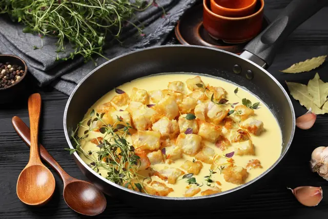 Cubes de colin pochés dans une sauce à la crème