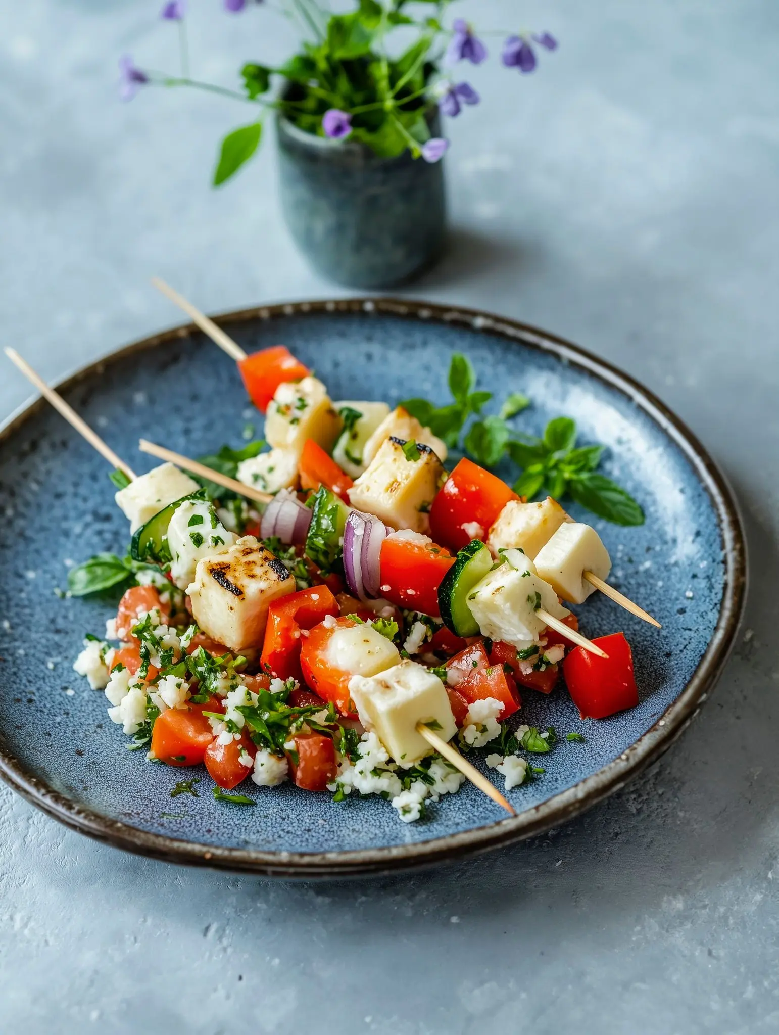 Brochettes de légumes croquants au fromage de brebis et chou-fleur