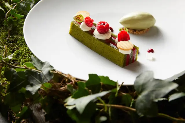 Financier et quenelle de glace à la pistache aux framboises