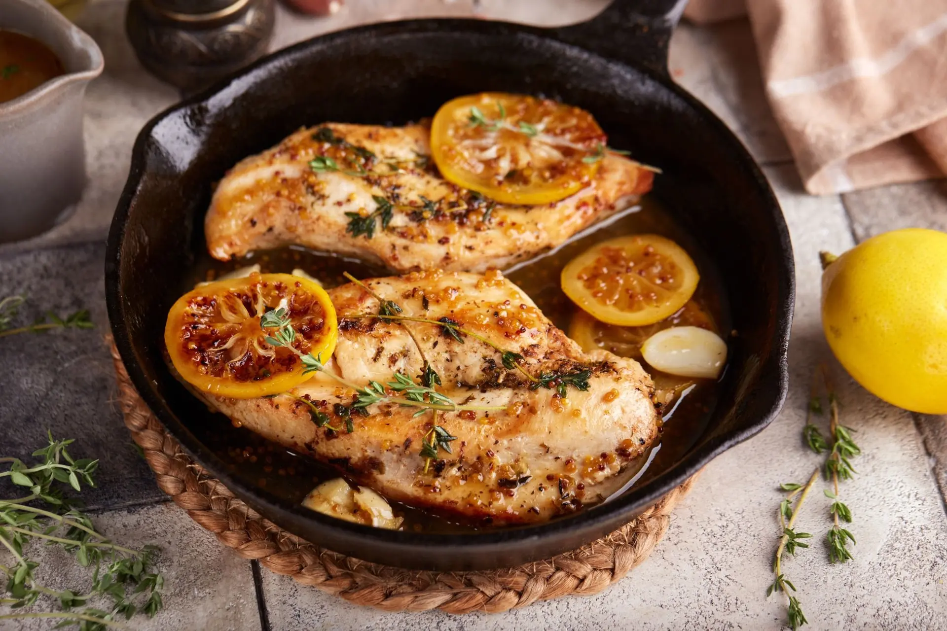 Poitrine de poulet rôti avec sauce au thym, citron et moutarde