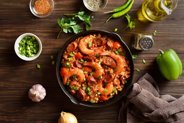 Recette jambalaya créole crevettes et saucisses fumées