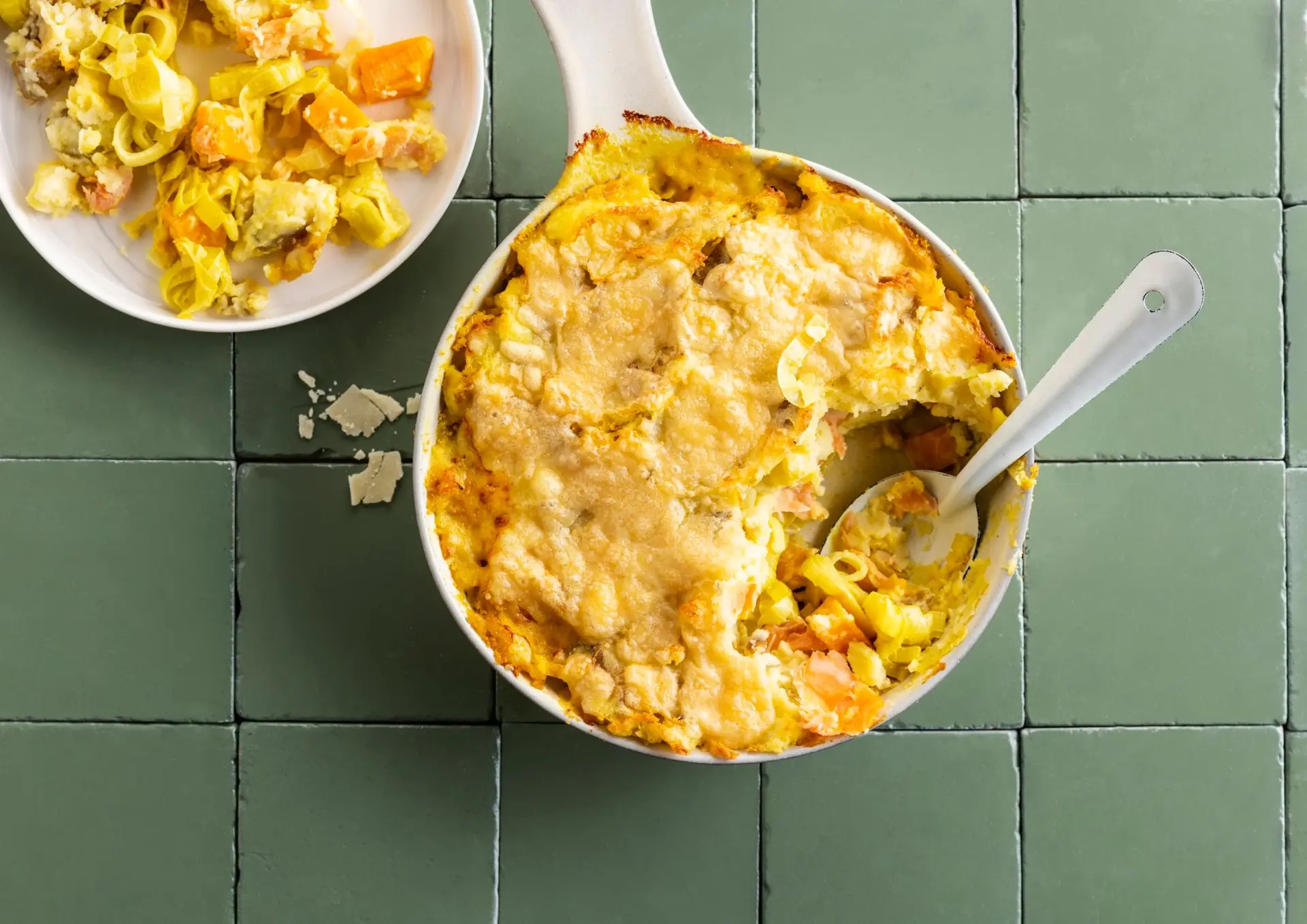 Parmentier au poireau, potiron et saumon fumé