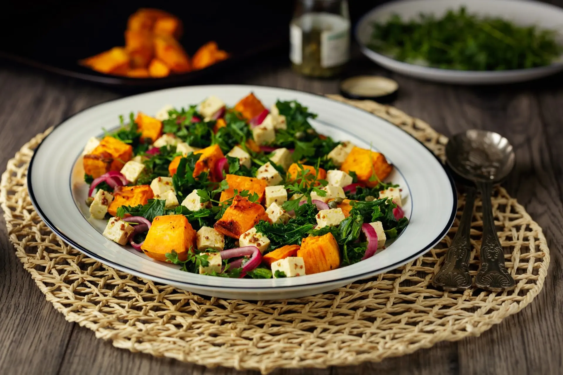 Patate douce rôtie au chou frisé et au cresson avec tofu en dés