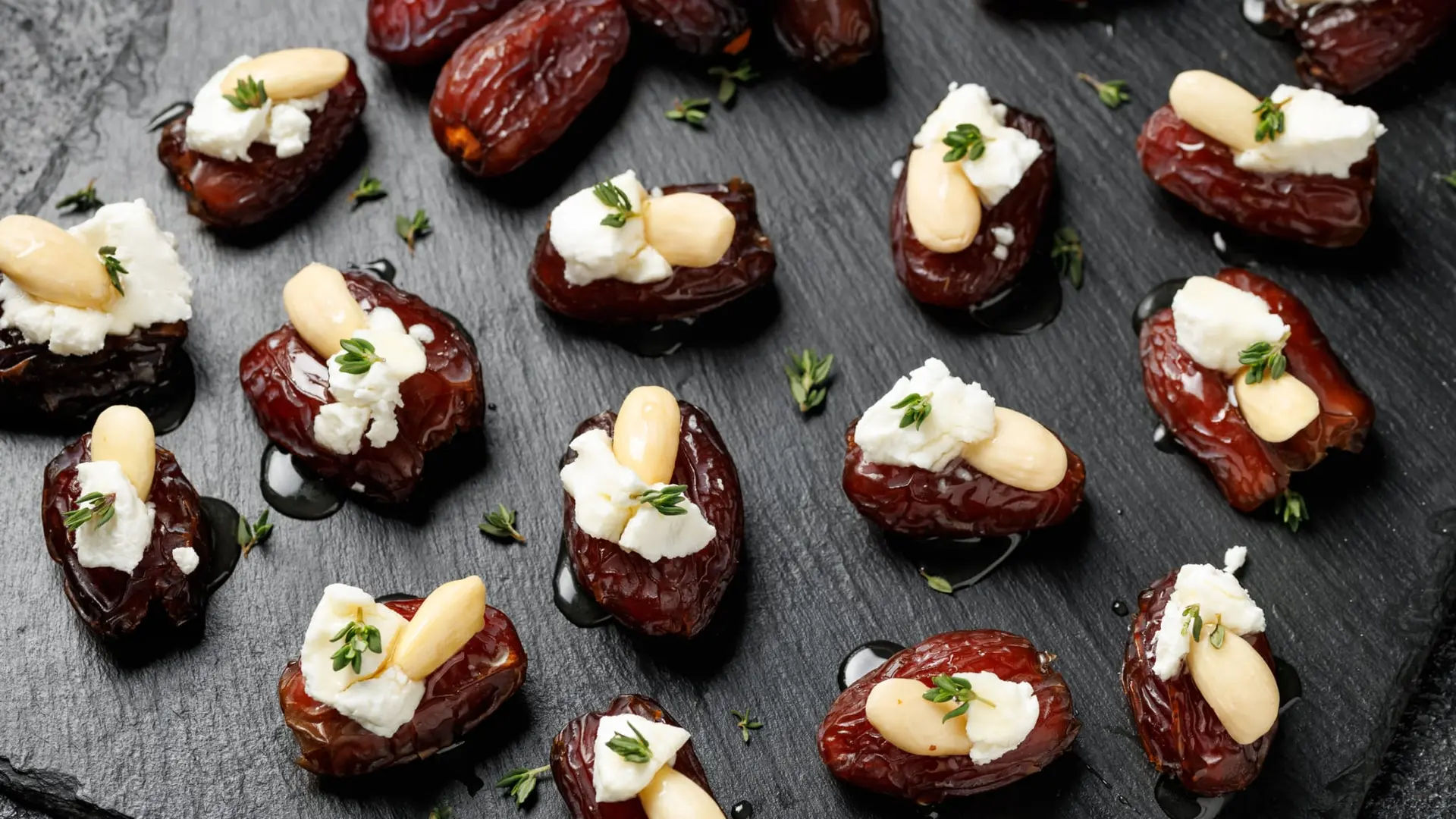 Dattes Medjool farcies au fromage de chèvre, aux amandes et au miel