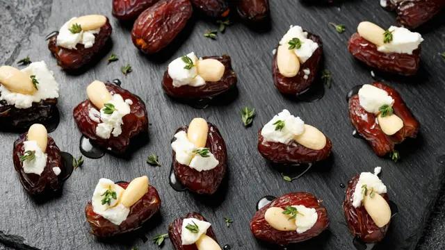 Dattes Medjool farcies au fromage de chèvre, aux amandes et au miel