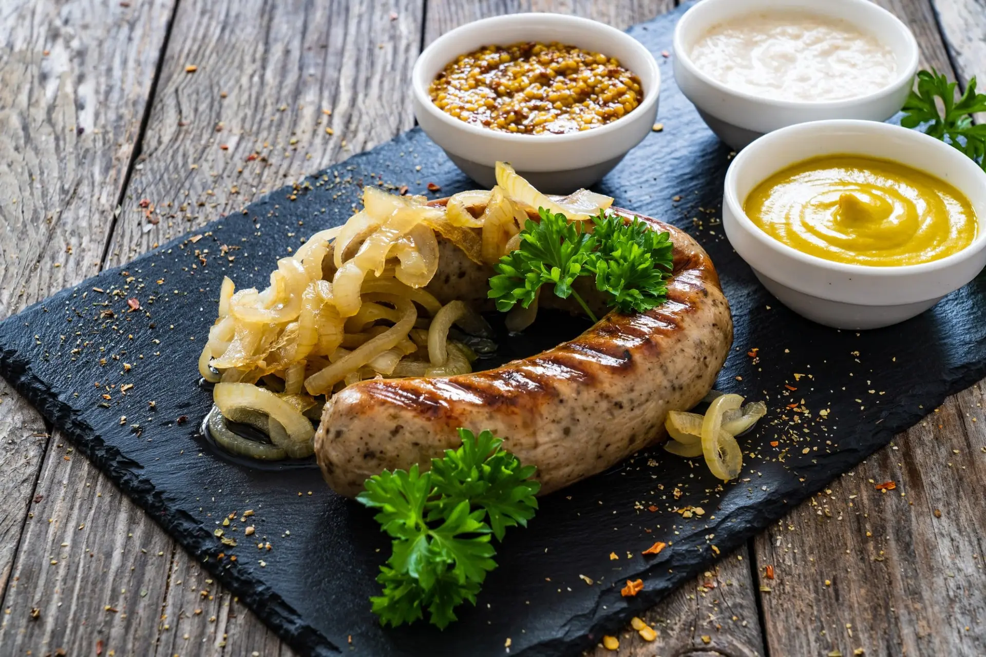 Saucisses blanches bouillies, toasts et raifort