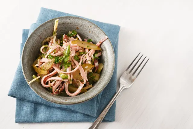 Salade de saucisse (Wurstsalat allemand) avec oignon, fromage et cornichons