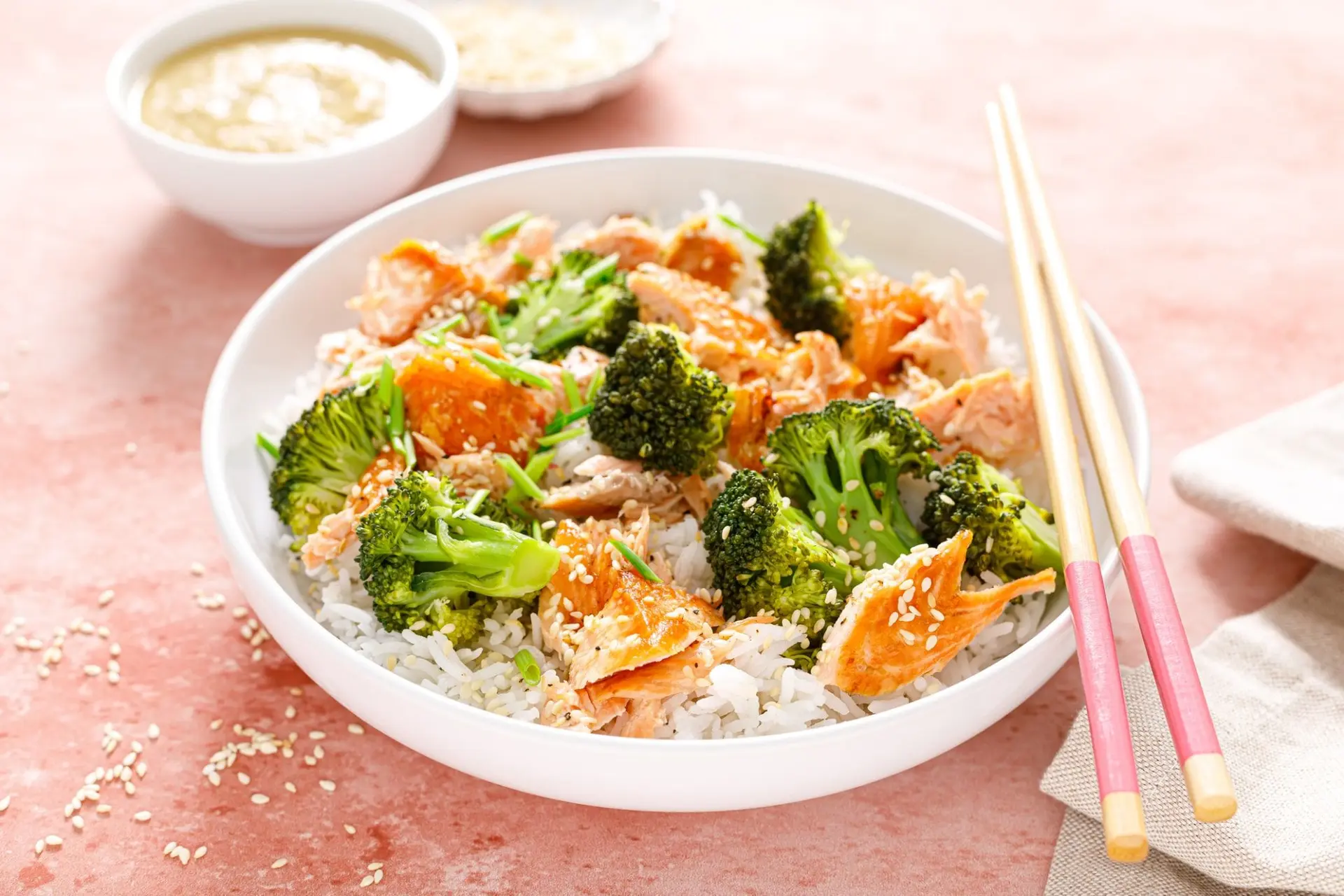 Recette riz au brocolis et saumon sauce sésame