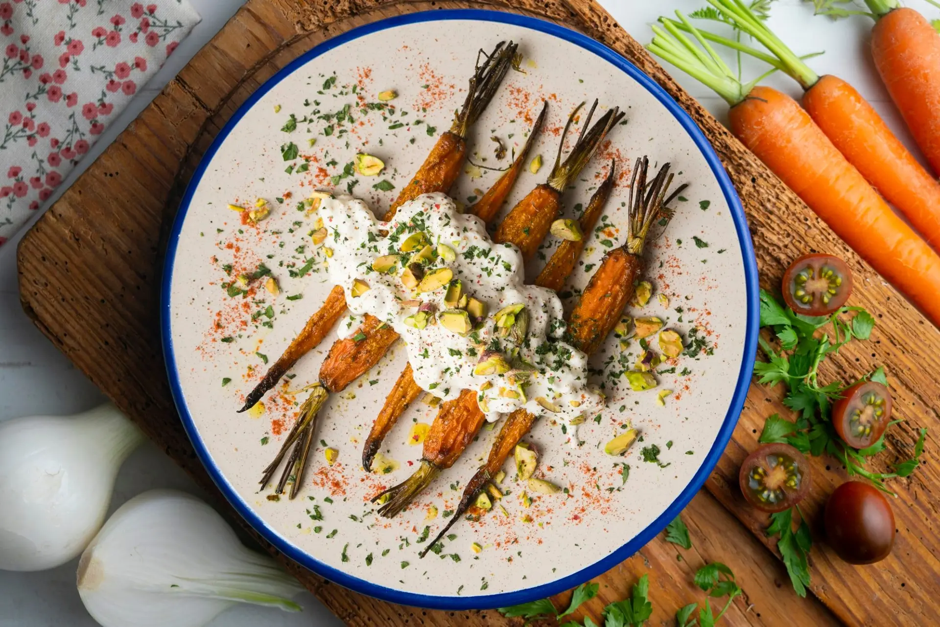 Recette carottes rôties au four avec burrata italienne et pistaches
