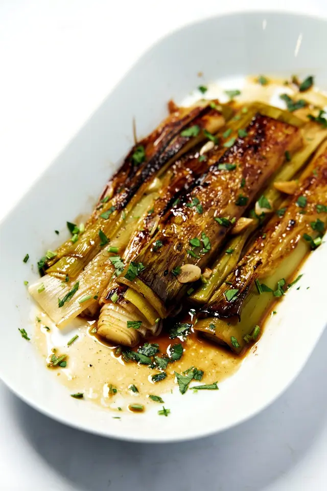 Poireaux braisés au vin blanc et au beurre, persil frais