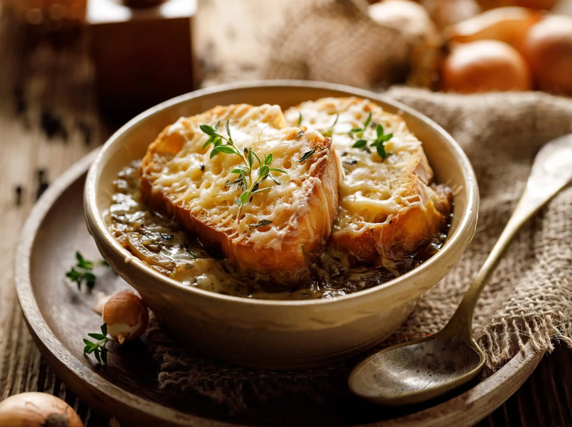 Recette soupe à l'oignon avec des croutons de pain grillés