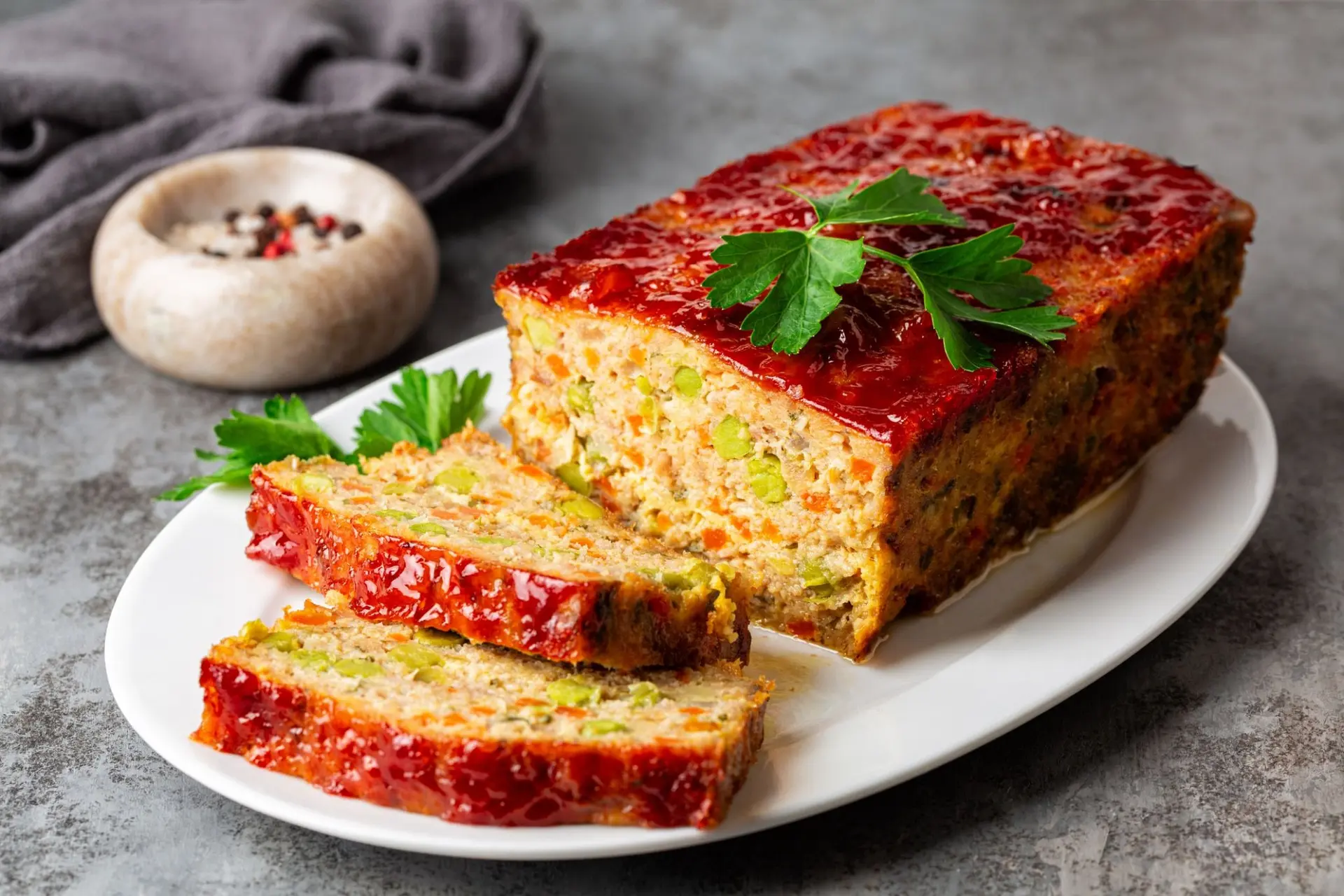 Terrine de poulet et de dinde, carotte, poireau et petits pois glacée au ketchup