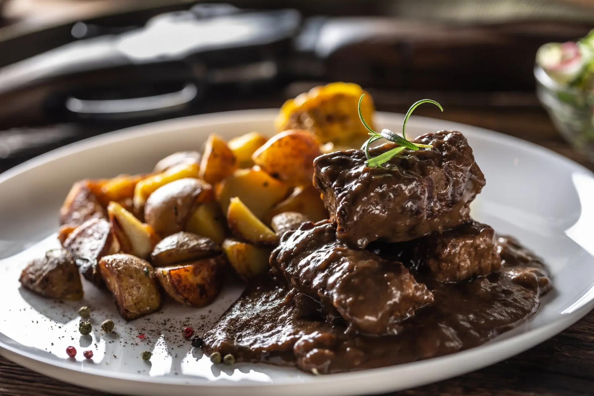 Goulasch de sanglier aux pommes de terre rôties et poivre quatre baies