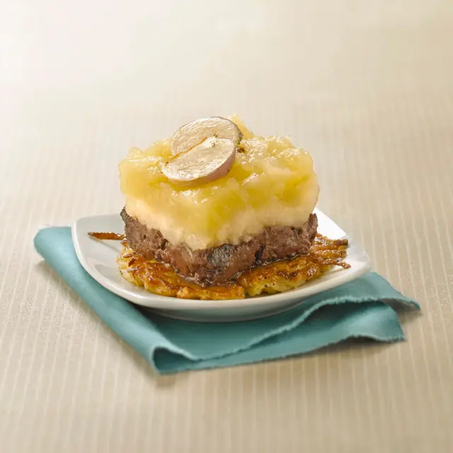 Parmentier de boudin aux deux purées et rösti de pomme de terre