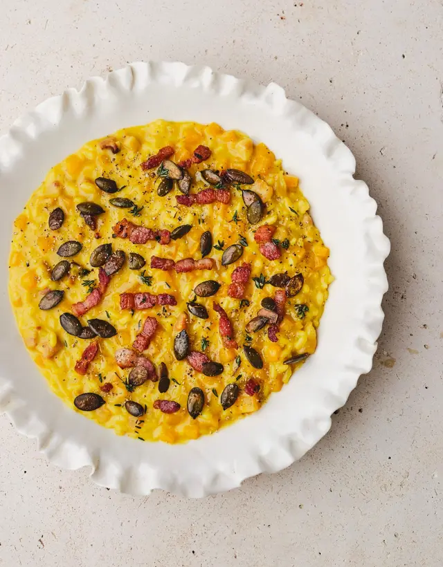 Risotto au butternut, lardons et graines de courge rôties