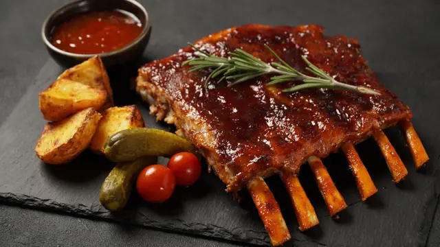 Côtes de porc grillées caramélisées au miel, avec sauce barbecue
