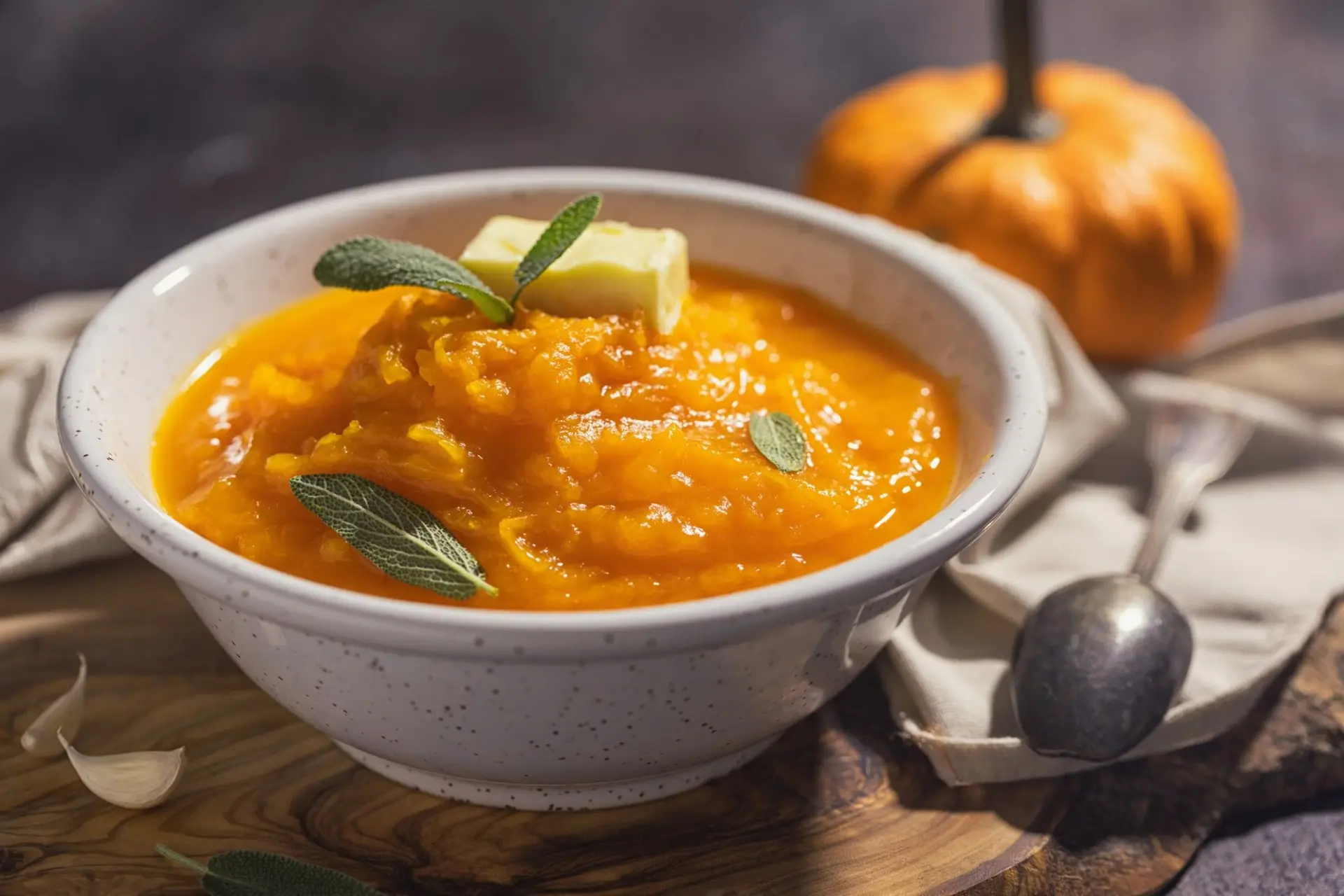 Soupe à la crème de potiron maison avec de la sauge