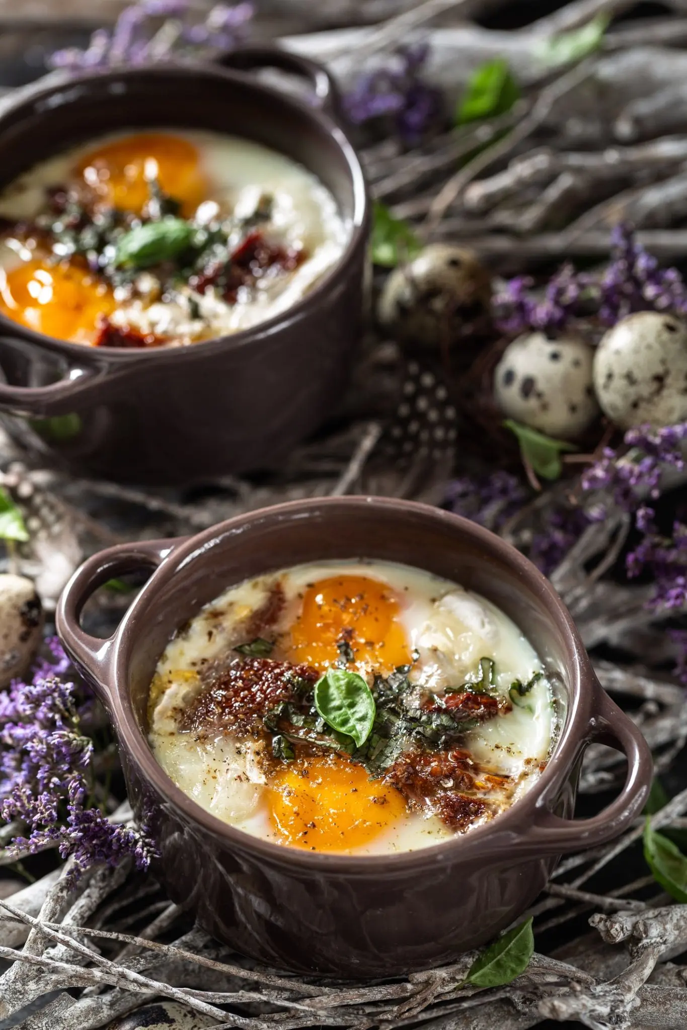 Œufs cocottes au basilic, tomate séchée et fromage